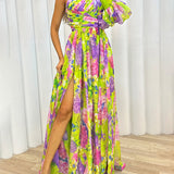 Robe Longue Fendue Imprimée Épaule Dénudée Style Bohème Chic