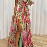 Robe Longue Fendue Imprimée Épaule Dénudée Style Bohème Chic