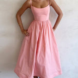 Robe Midi Bretelles Évasée Taille Cintrée Élégance Été