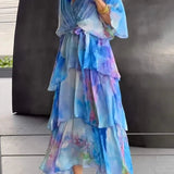 Robe Longue Femme à Volants et Imprimé Dégradé