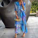 Robe Longue Femme à Volants et Imprimé Dégradé