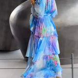 Robe Longue Femme à Volants et Imprimé Dégradé