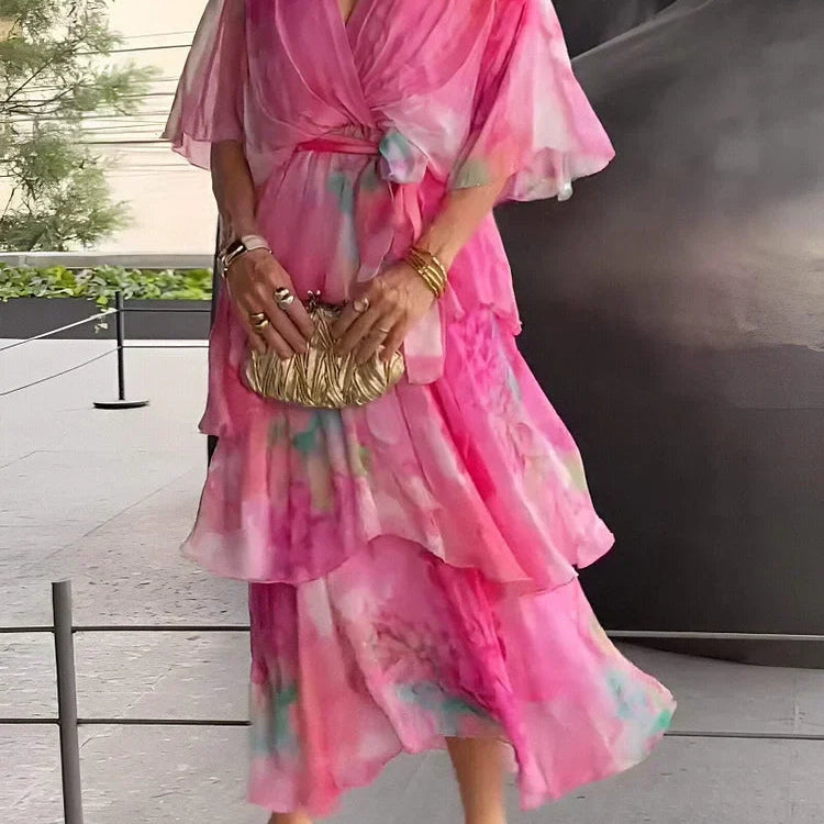 Robe Longue Femme à Volants et Imprimé Dégradé