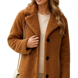 Manteau Teddy Long Boutonné Texture Douce Élégance Hiver