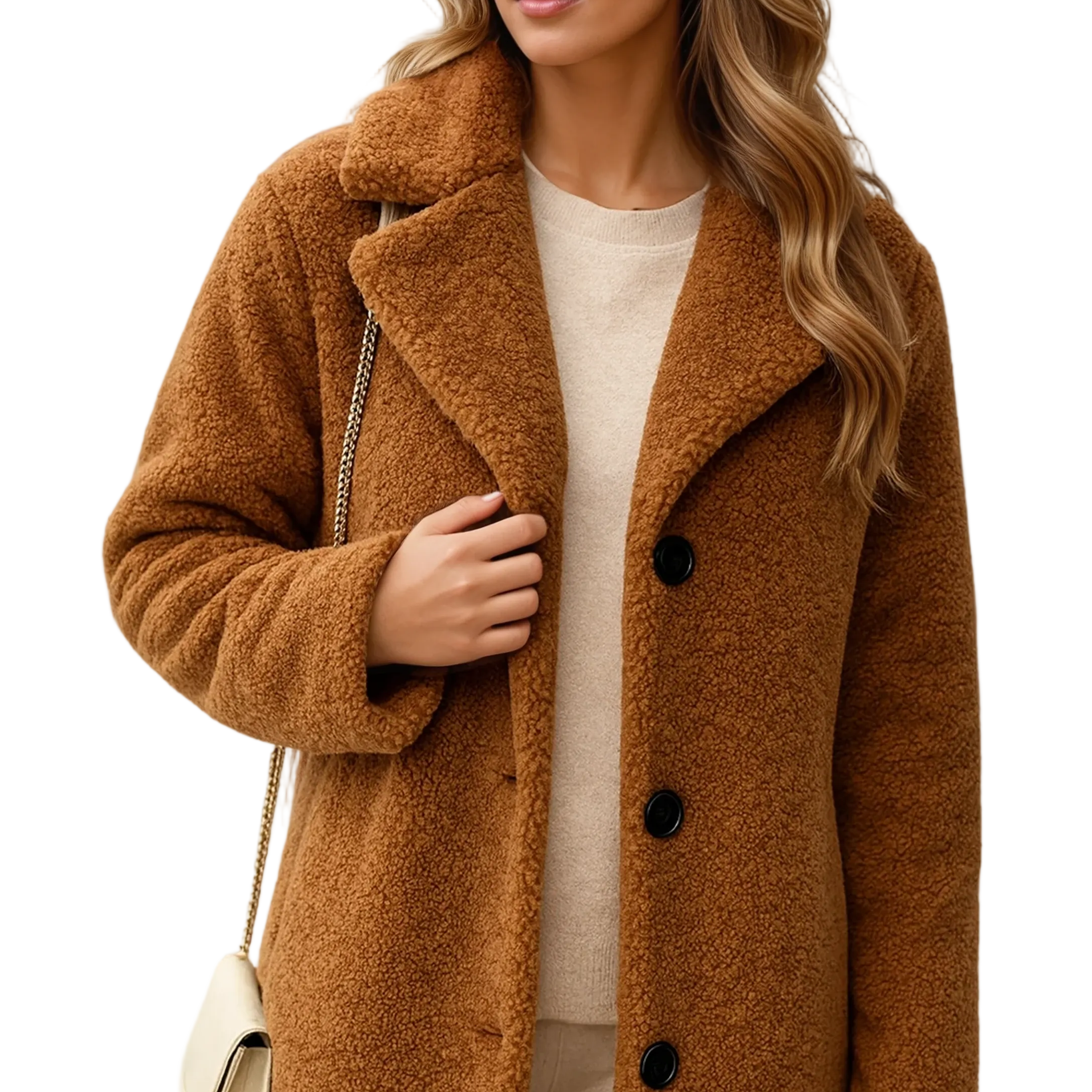 Manteau Teddy Long Boutonné Texture Douce Élégance Hiver