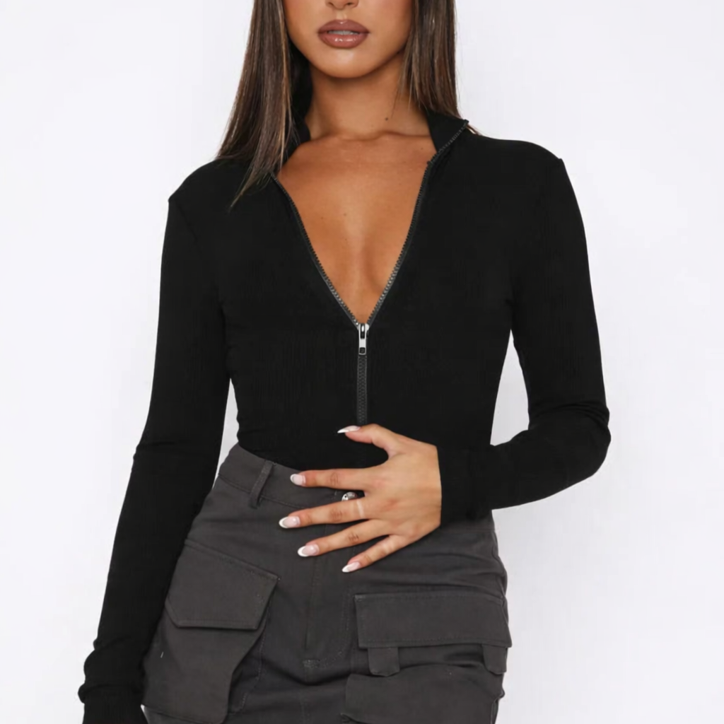 Body Zip Col V Coupe Ajustée Élégance Moderne