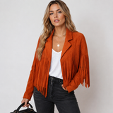 Veste courte en suédine à franges et col cranté