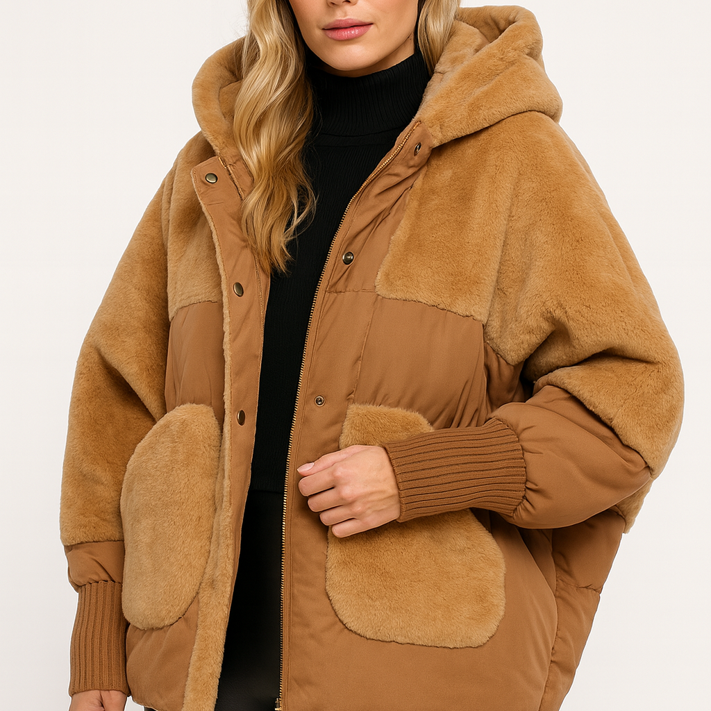 Doudoune Courte Oversize Capuche Effet Laine Confort Chic