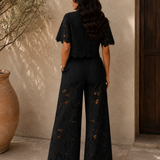 Ensemble deux pièces en dentelle à fleurs, pantalon large