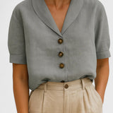 Blouse Boutonnée à Col V et Manches Courtes