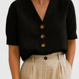 Blouse Boutonnée à Col V et Manches Courtes