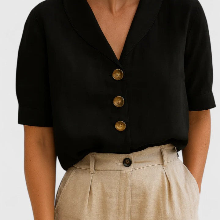 Blouse Boutonnée à Col V et Manches Courtes