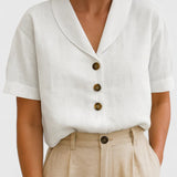 Blouse Boutonnée à Col V et Manches Courtes