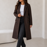Manteau long femme croisé à ceinture, col cranté