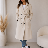 Manteau long femme croisé à ceinture, col cranté