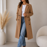 Manteau long femme croisé à ceinture, col cranté