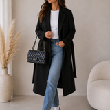 Manteau long femme croisé à ceinture, col cranté