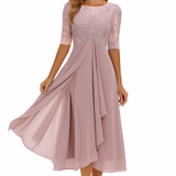 Robe Maxi Élégante Dentelle et Jupe Fluide Taille Haute