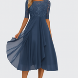 Robe Maxi Élégante Dentelle et Jupe Fluide Taille Haute