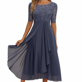 Robe Maxi Élégante Dentelle et Jupe Fluide Taille Haute