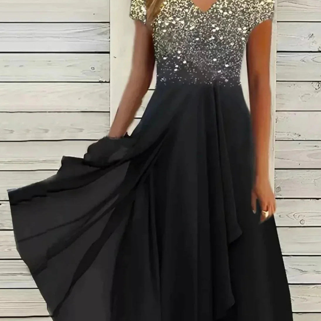 Robe Midi Bicolore à Col V Fleuri