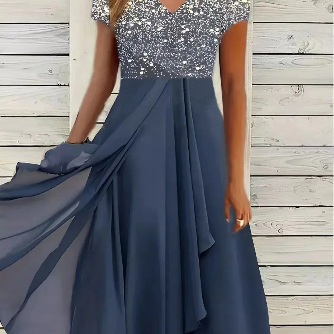 Robe Midi Bicolore à Col V Fleuri