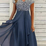 Robe Midi Bicolore à Col V Fleuri