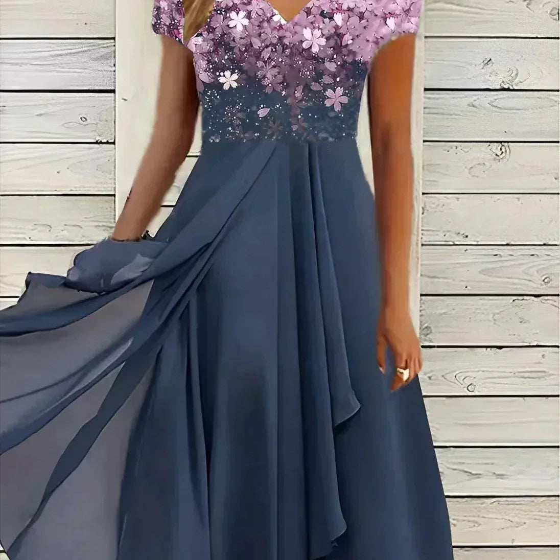 Robe Midi Bicolore à Col V Fleuri