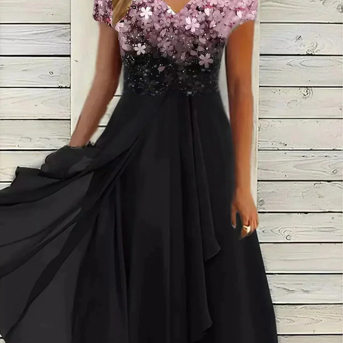 Robe Midi Bicolore à Col V Fleuri