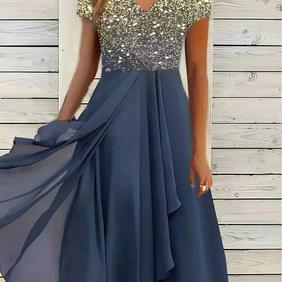 Robe Midi Bicolore à Col V Fleuri