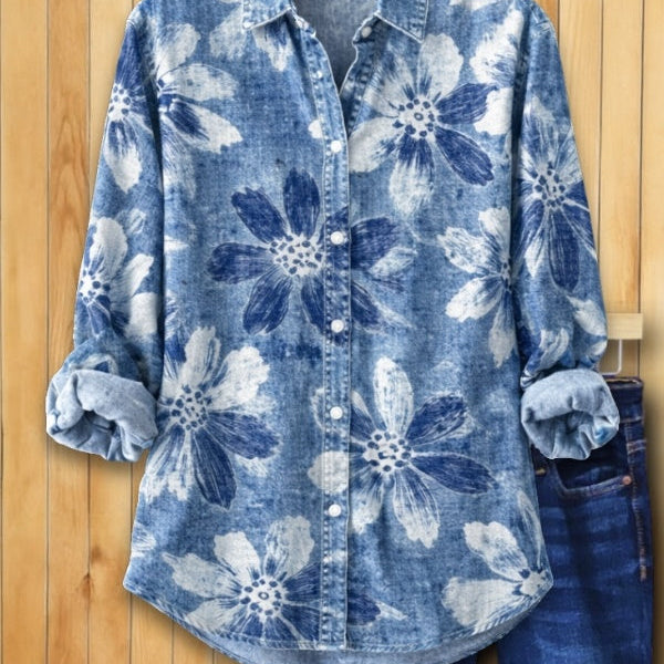 Blouse Fleurie en Jean à Col Classique