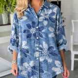 Blouse Fleurie en Jean à Col Classique