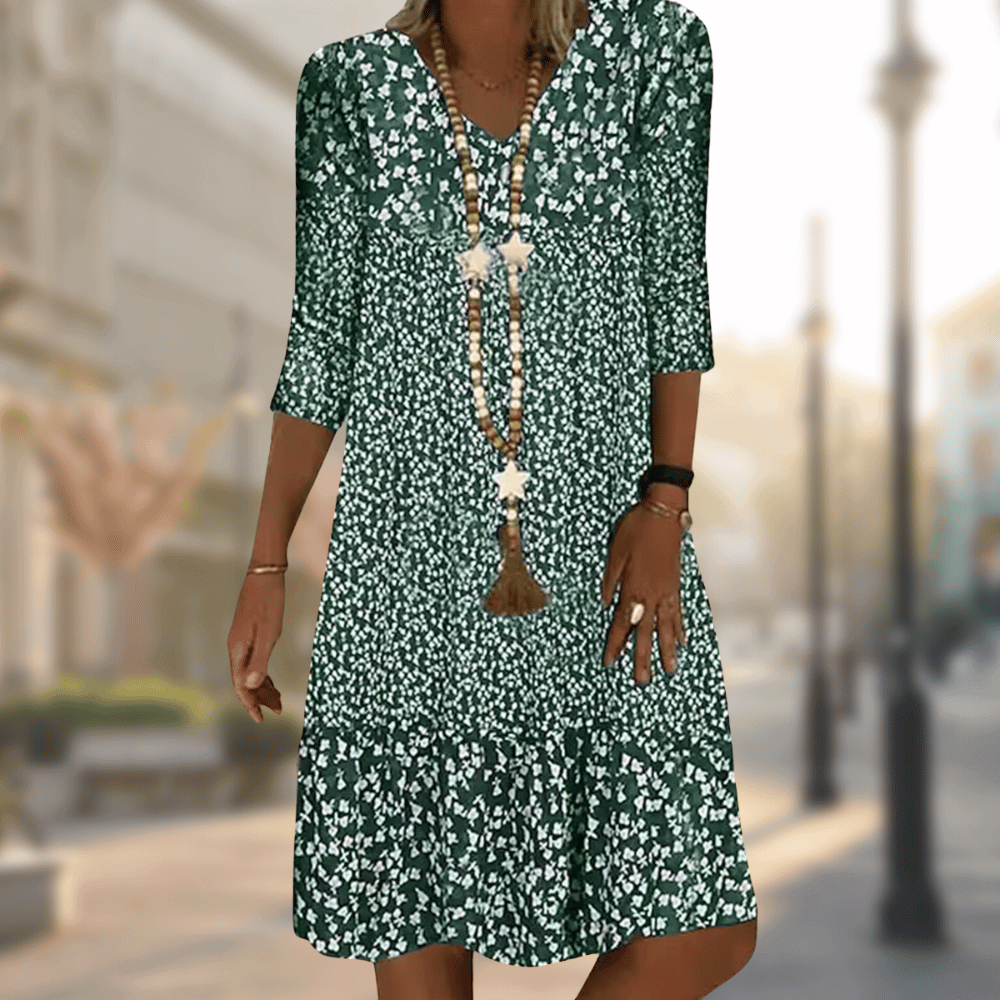 Robe Midi Imprimée Bohème Manches 3/4 Élégance Chic