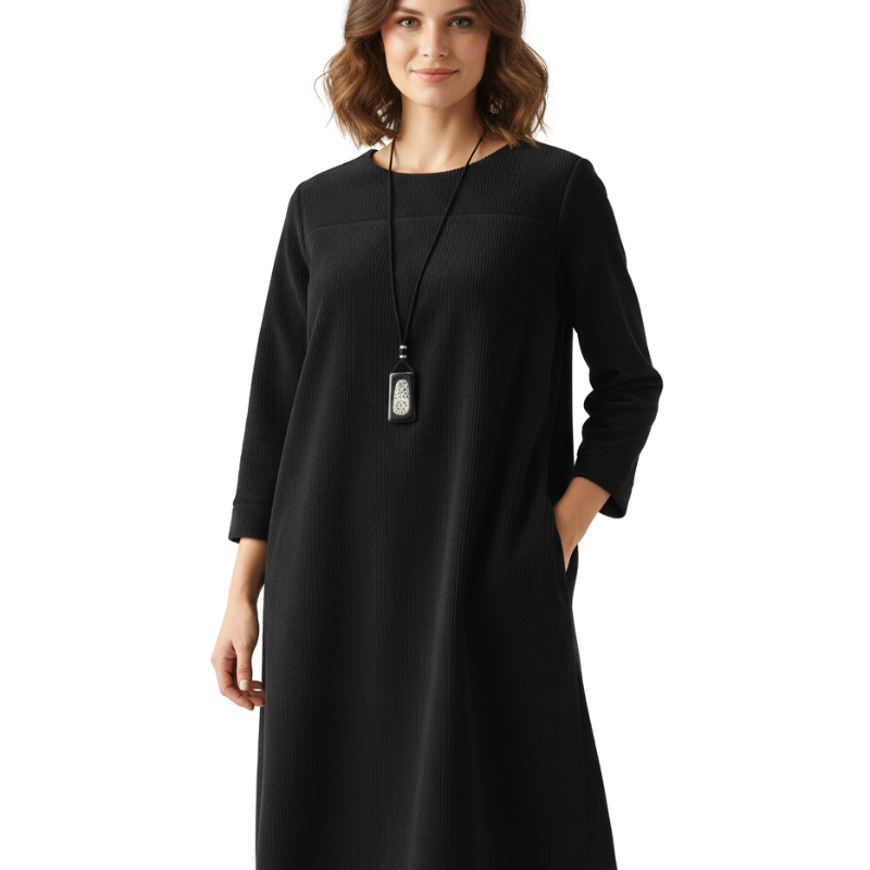 Robe Midi Ample Poches Manches Longues Style Minimaliste Confort