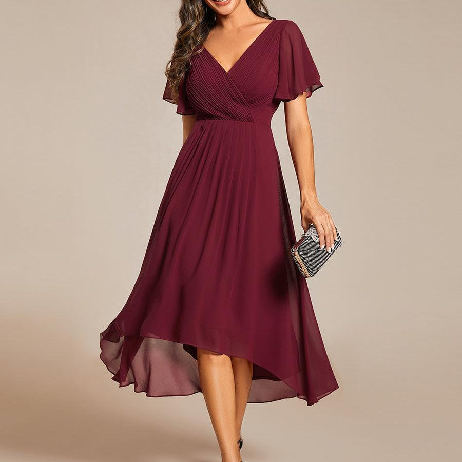 Robe midi portefeuille plissée à manches volantées