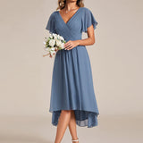 Robe midi portefeuille plissée à manches volantées