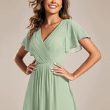Robe midi portefeuille plissée à manches volantées