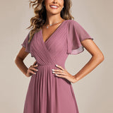 Robe midi portefeuille plissée à manches volantées
