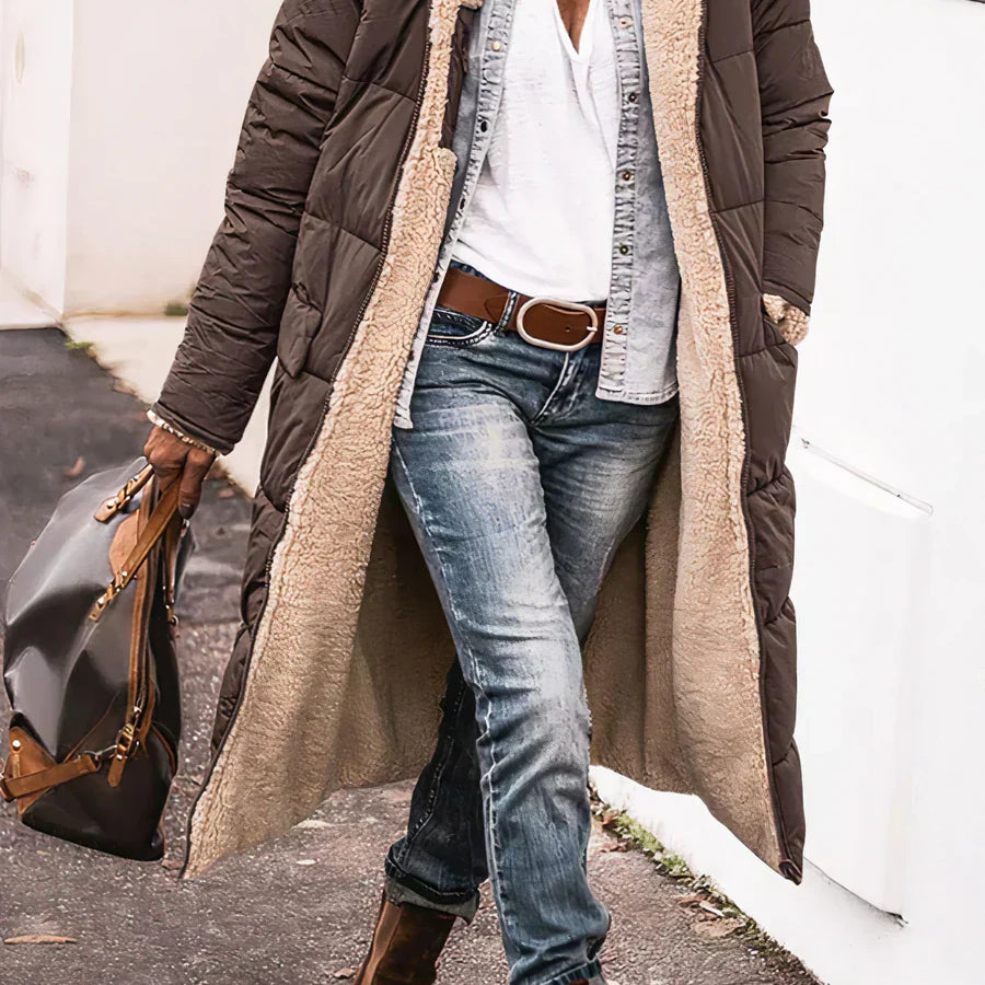 Manteau Long Réversible Capuche Doublure Chaude Hiver