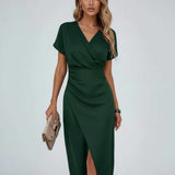 Robe midi portefeuille femme, col V et fente latérale