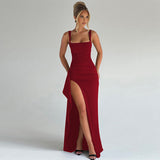 Robe Longue Femme à Fente et Bretelles Fines