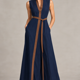 Robe Portefeuille Longue En Lin Bleue Marine Femme