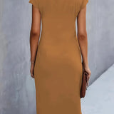 Robe Midi Femme Froncée à Col Rond