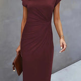 Robe Midi Femme Froncée à Col Rond