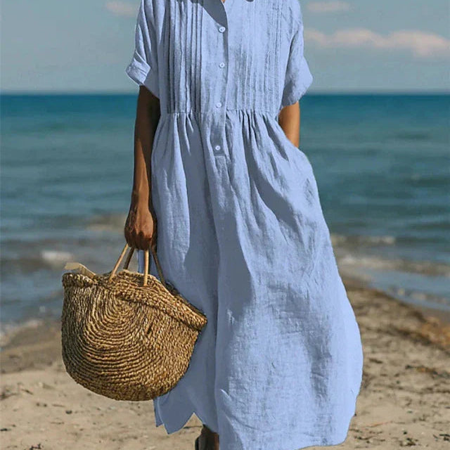 Robe Chemise Midi à Taille Froncée