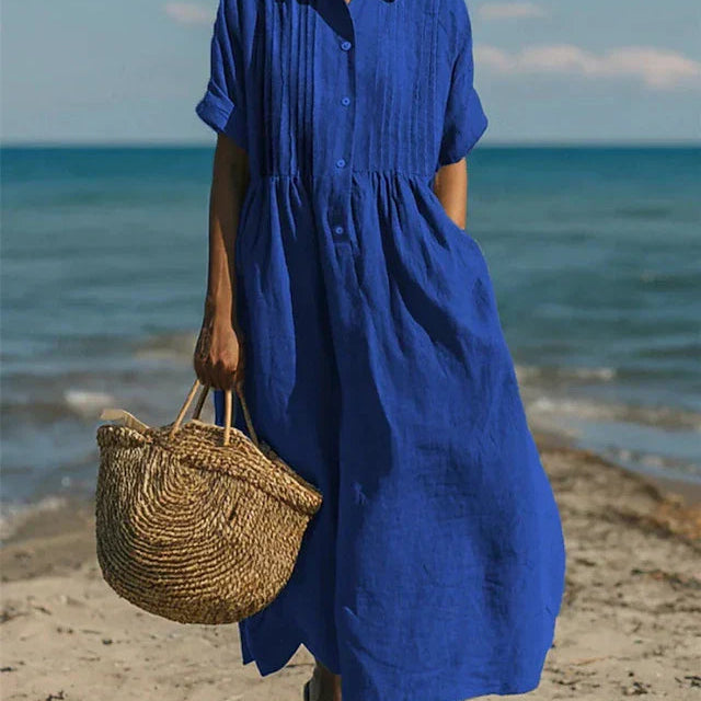 Robe Chemise Midi à Taille Froncée
