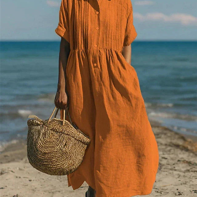 Robe Chemise Midi à Taille Froncée