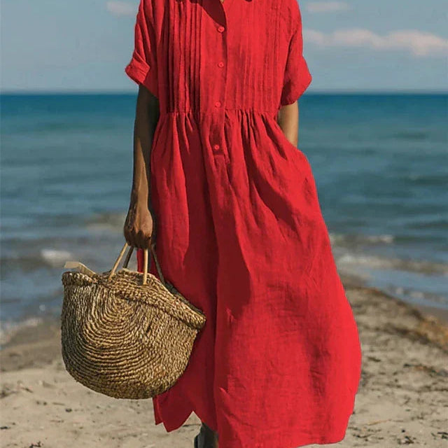 Robe Chemise Midi à Taille Froncée