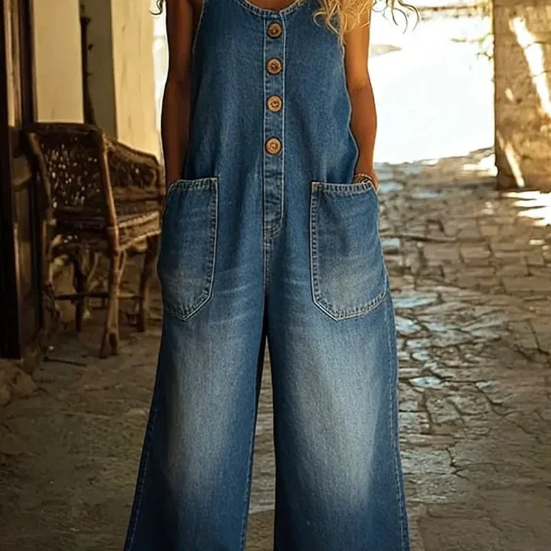 Salopette Longue en Denim à Poches