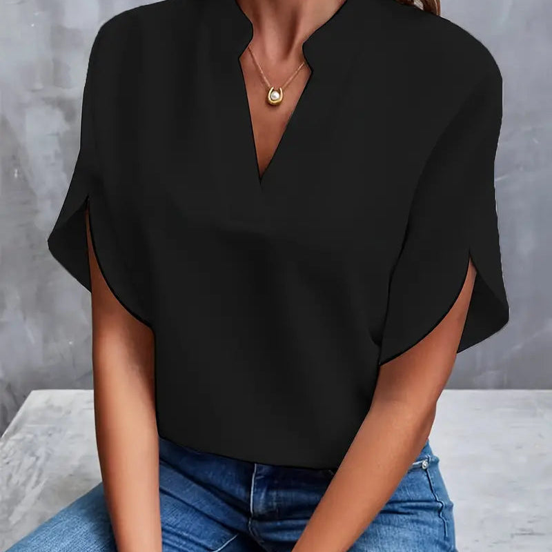 Blouse Unie à Col V Drapé